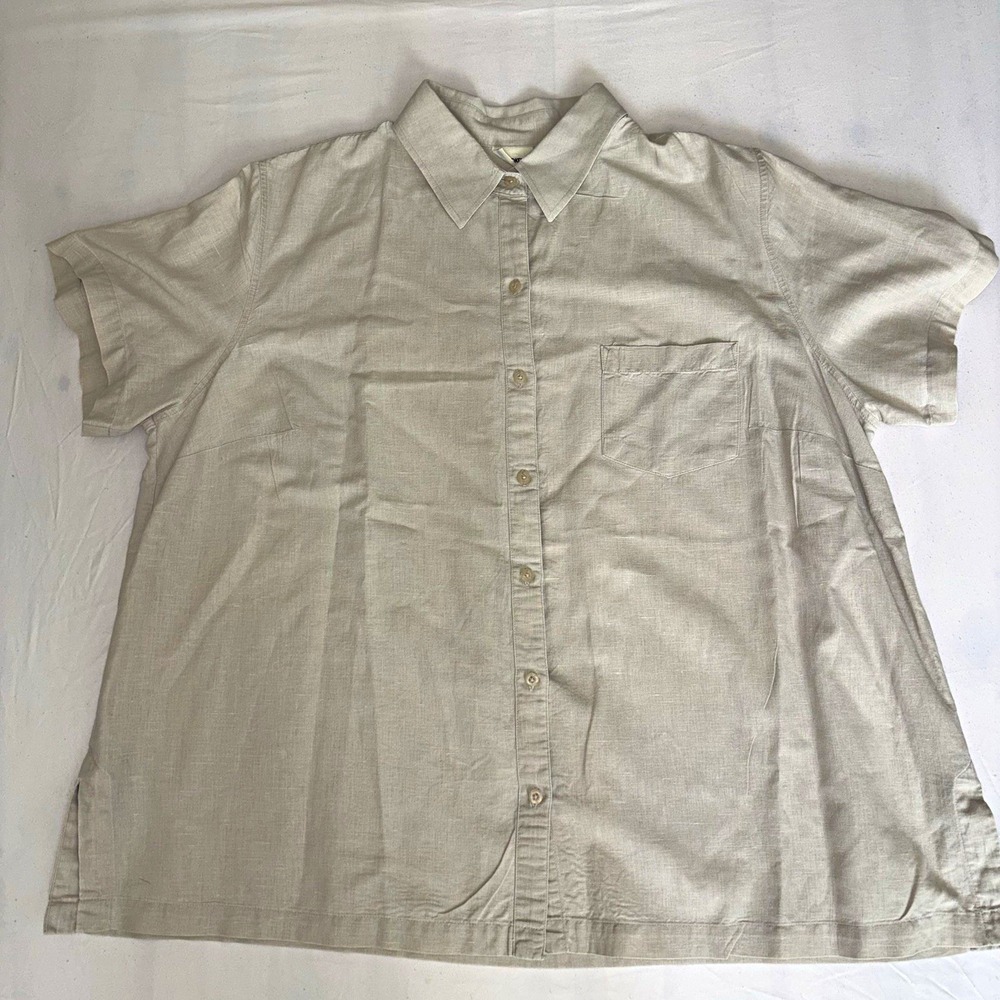 Cherokee Vntg Women's Plus 20W Beige Linen Cotton Woven Button Up Shirt Pockets